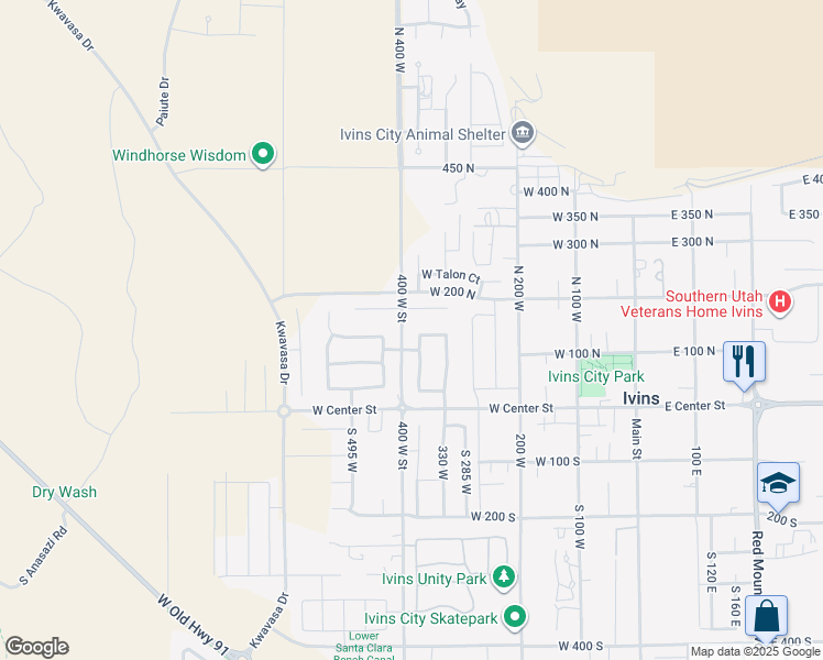 map of restaurants, bars, coffee shops, grocery stores, and more near 105 North Cortez Trail in Ivins