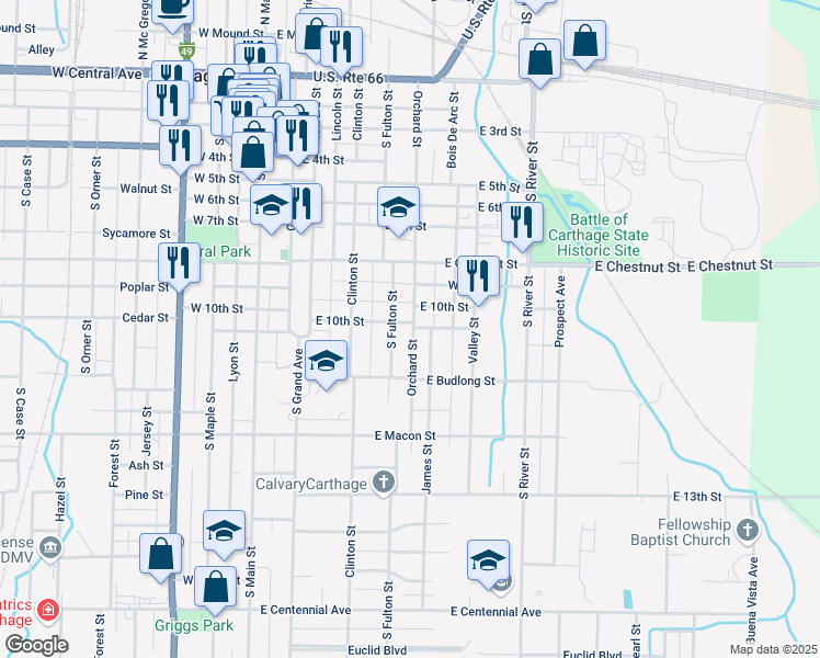 map of restaurants, bars, coffee shops, grocery stores, and more near 1029 Orchard Street in Carthage