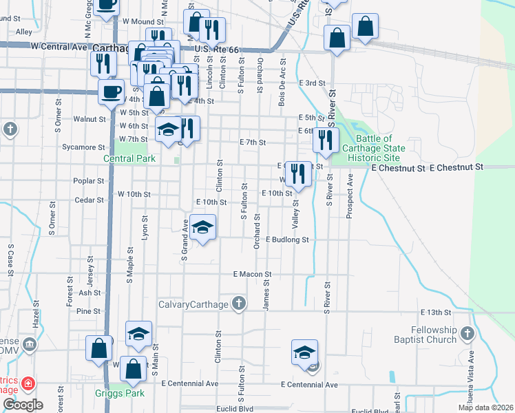 map of restaurants, bars, coffee shops, grocery stores, and more near 1029 Orchard Street in Carthage