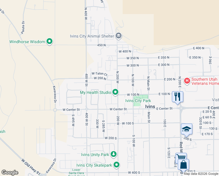 map of restaurants, bars, coffee shops, grocery stores, and more near 143 Apex Lane in Ivins