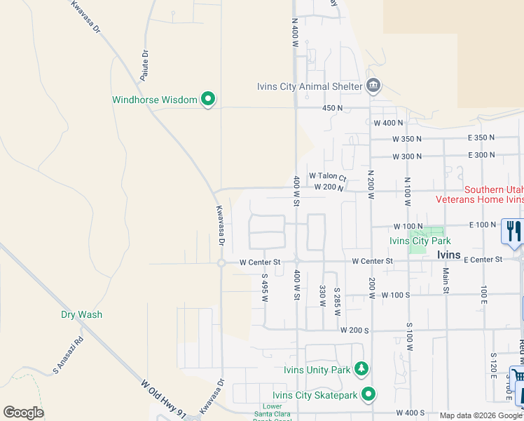 map of restaurants, bars, coffee shops, grocery stores, and more near 143 North Cortez Trail in Ivins