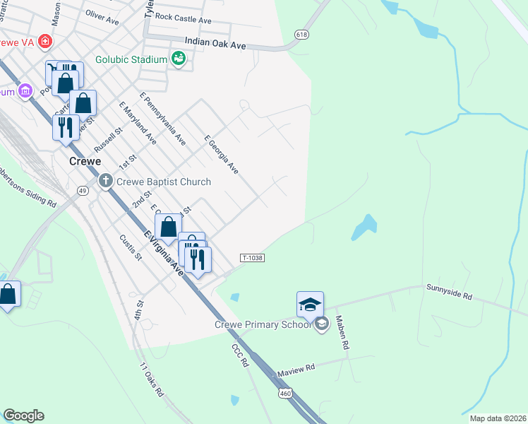 map of restaurants, bars, coffee shops, grocery stores, and more near 706 East Georgia Avenue in Crewe