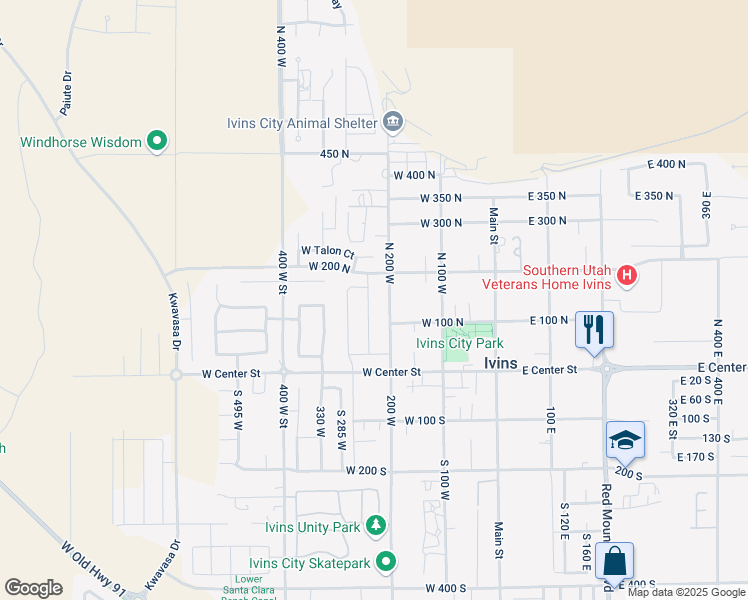 map of restaurants, bars, coffee shops, grocery stores, and more near 148 Apex Lane in Ivins