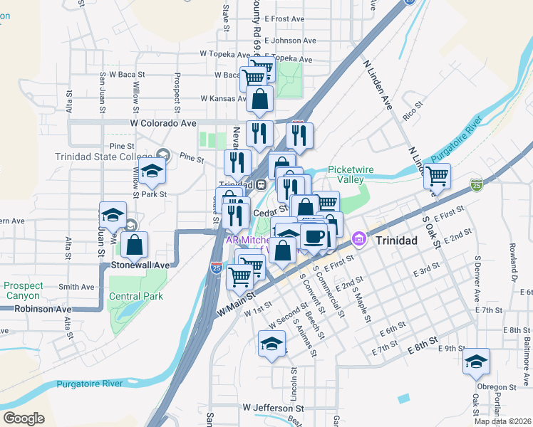 map of restaurants, bars, coffee shops, grocery stores, and more near West Cedar Street in Trinidad