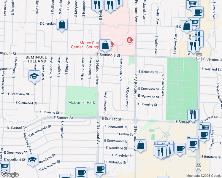 map of restaurants, bars, coffee shops, grocery stores, and more near 1283 East Broadmoor Street in Springfield