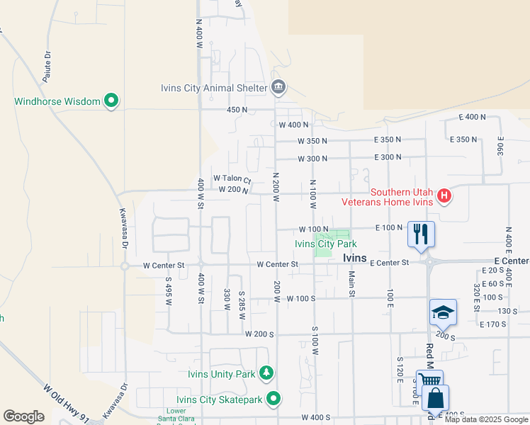 map of restaurants, bars, coffee shops, grocery stores, and more near 148 Apex Lane in Ivins