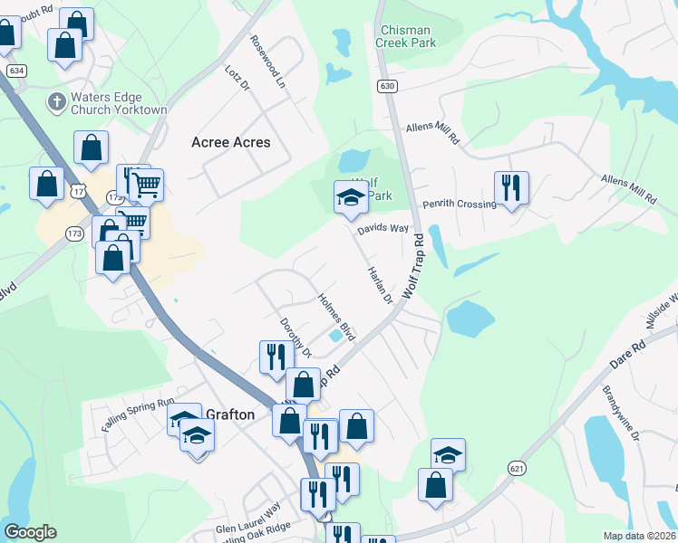 map of restaurants, bars, coffee shops, grocery stores, and more near 115 Nathan Place in Yorktown