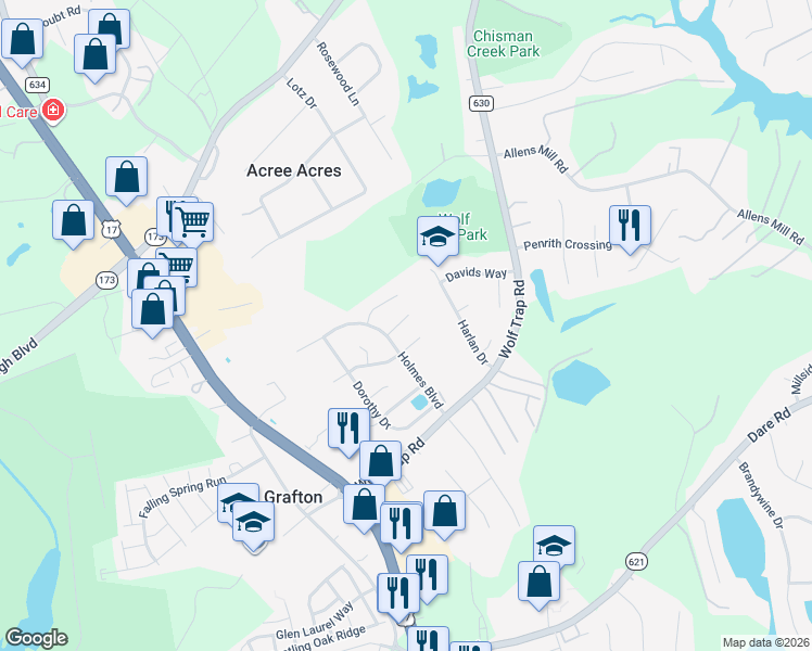 map of restaurants, bars, coffee shops, grocery stores, and more near 108 Nathan Place in Yorktown