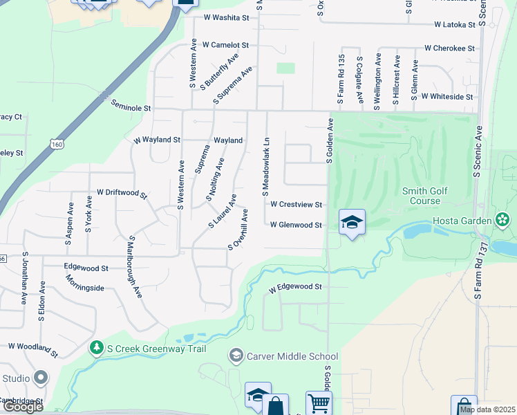 map of restaurants, bars, coffee shops, grocery stores, and more near 3241 West Crestview Street in Springfield