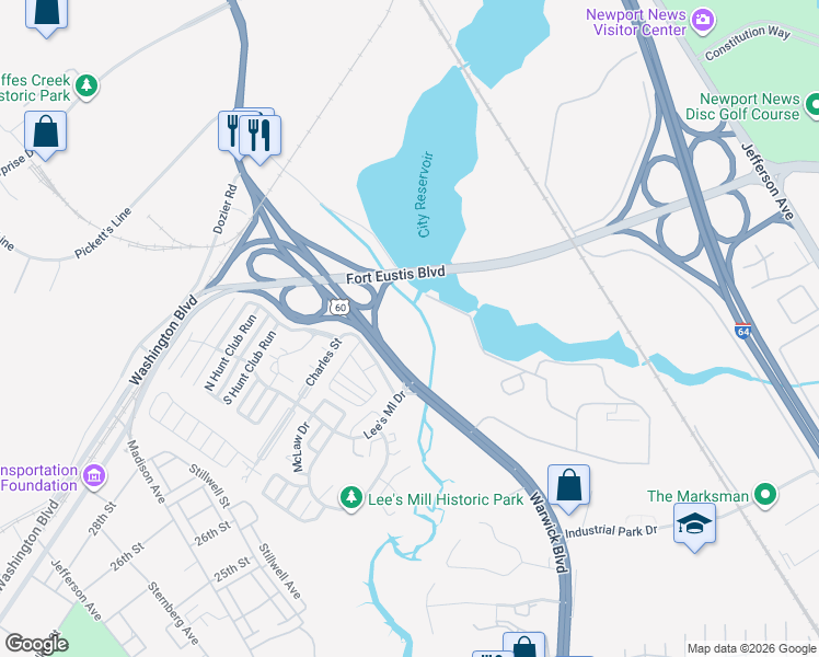 map of restaurants, bars, coffee shops, grocery stores, and more near 15910 Warwick Boulevard in Newport News