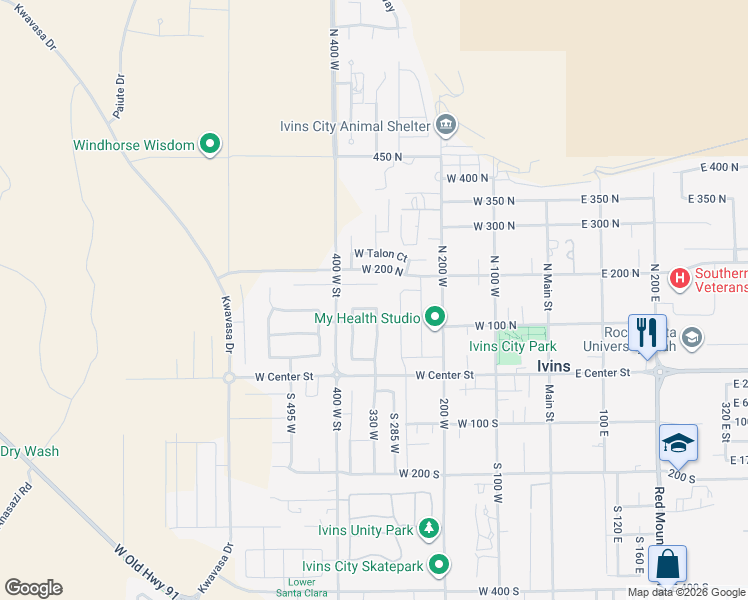 map of restaurants, bars, coffee shops, grocery stores, and more near 340 West Tonalli Drive in Ivins
