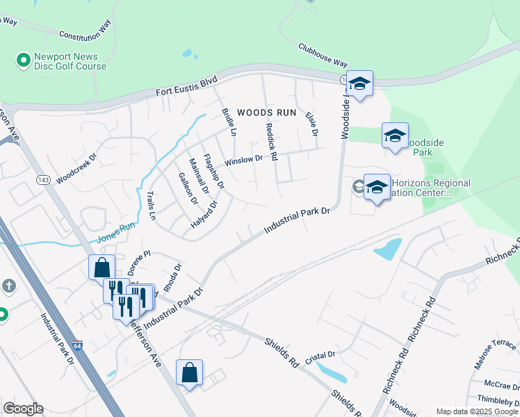 map of restaurants, bars, coffee shops, grocery stores, and more near 478 Lanelle Place in Newport News