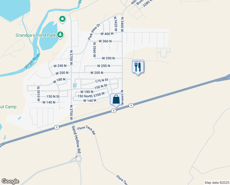 map of restaurants, bars, coffee shops, grocery stores, and more near 3434 West 90 North in Hurricane