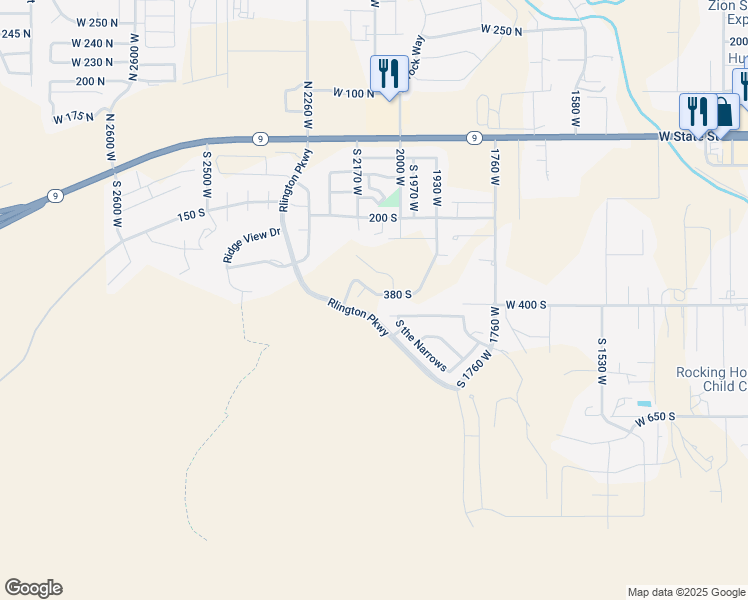 map of restaurants, bars, coffee shops, grocery stores, and more near 2089 380 South in Hurricane