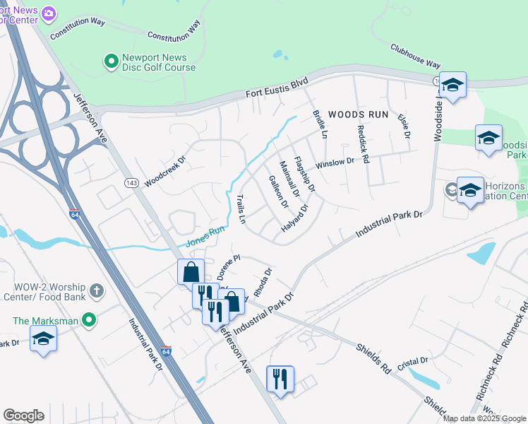 map of restaurants, bars, coffee shops, grocery stores, and more near 712 Frigate Drive in Newport News