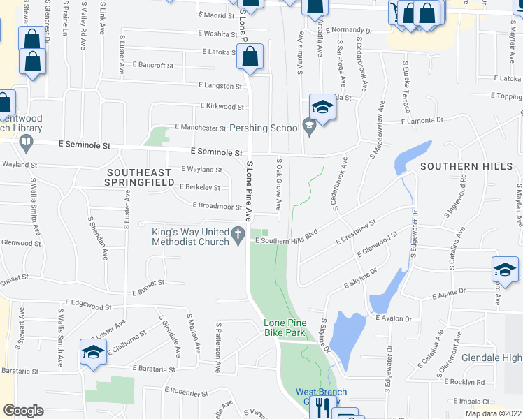 map of restaurants, bars, coffee shops, grocery stores, and more near 2523 East Broadmoor Street in Springfield