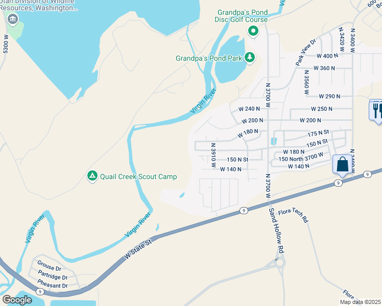 map of restaurants, bars, coffee shops, grocery stores, and more near 3985 West 165 North in Hurricane
