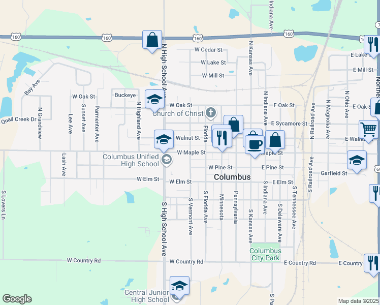 map of restaurants, bars, coffee shops, grocery stores, and more near 100 South Vermont Avenue in Columbus