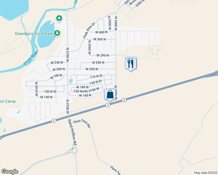 map of restaurants, bars, coffee shops, grocery stores, and more near 3434 West 90 North in Hurricane