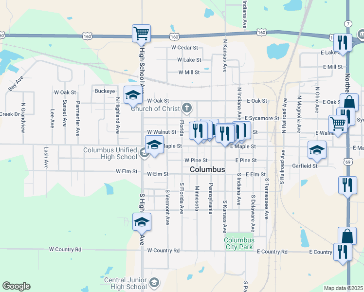 map of restaurants, bars, coffee shops, grocery stores, and more near 101 South Florida Avenue in Columbus