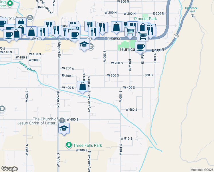 map of restaurants, bars, coffee shops, grocery stores, and more near 389 South 300 West in Hurricane