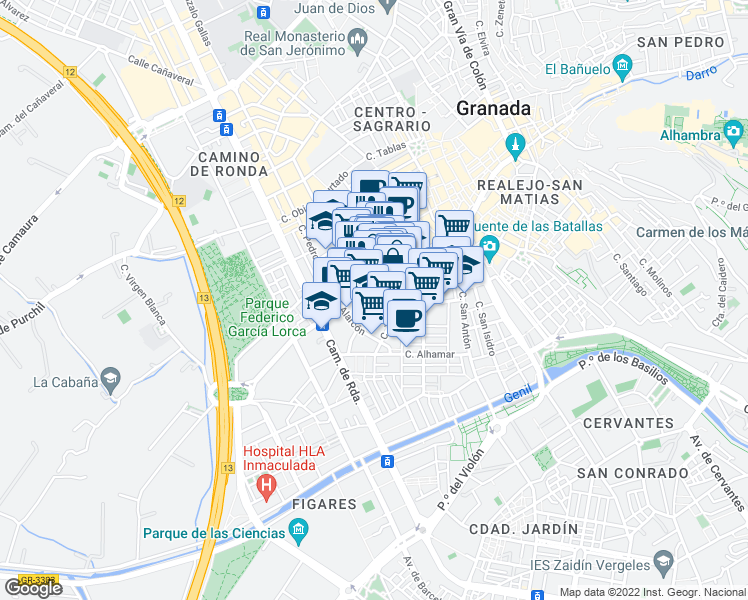 map of restaurants, bars, coffee shops, grocery stores, and more near 35 Calle Recogidas in Granada