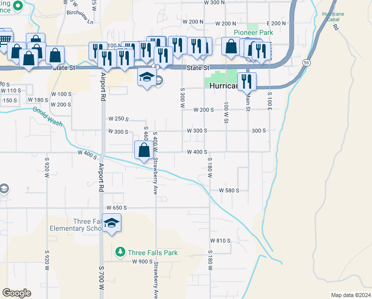map of restaurants, bars, coffee shops, grocery stores, and more near 389 South 300 West in Hurricane