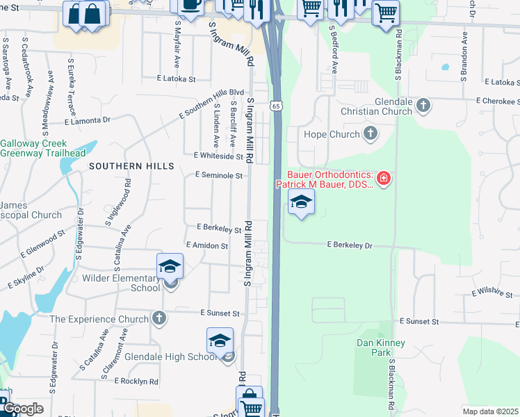 map of restaurants, bars, coffee shops, grocery stores, and more near 2236 South Ingram Mill Road in Springfield