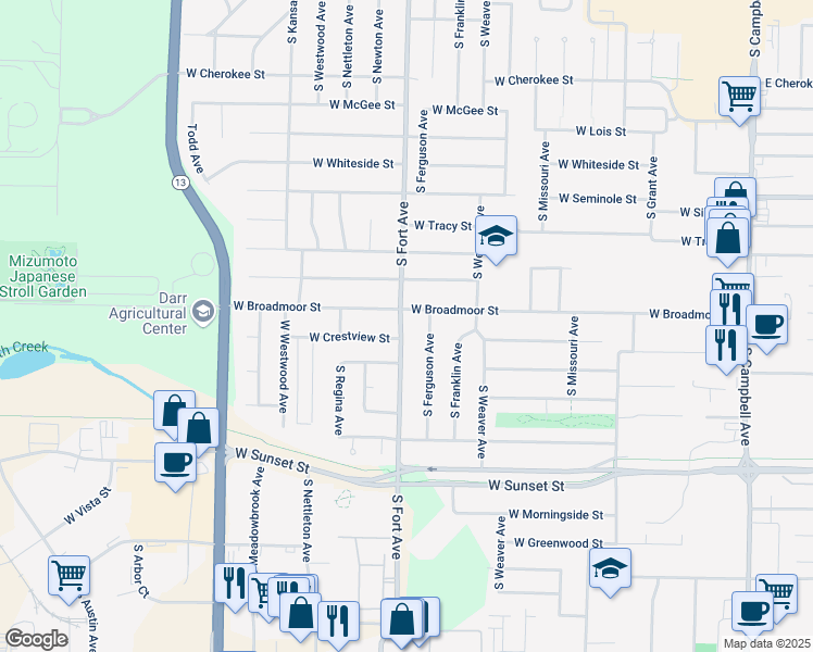 map of restaurants, bars, coffee shops, grocery stores, and more near 1233 West Broadmoor Street in Springfield