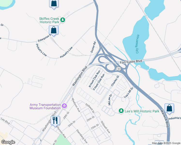 map of restaurants, bars, coffee shops, grocery stores, and more near 209 Old Bridge Court in Newport News