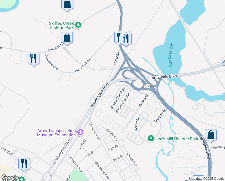 map of restaurants, bars, coffee shops, grocery stores, and more near 217 Old Bridge Court in Newport News