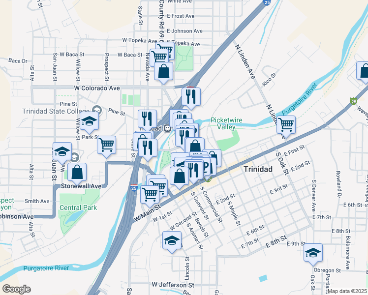map of restaurants, bars, coffee shops, grocery stores, and more near 416 North Commercial Street in Trinidad