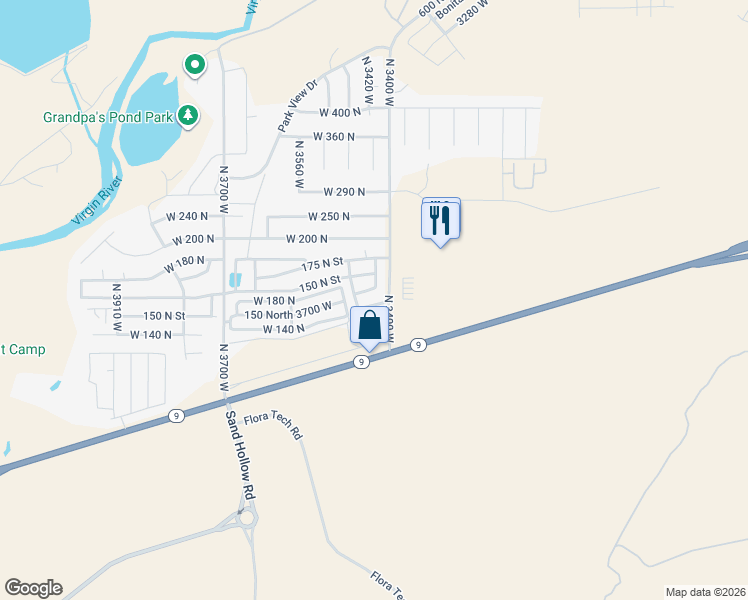 map of restaurants, bars, coffee shops, grocery stores, and more near 3422 West 90 North in Hurricane