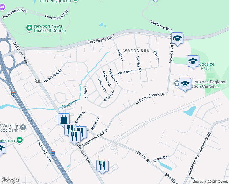 map of restaurants, bars, coffee shops, grocery stores, and more near 728 Halyard Drive in Newport News