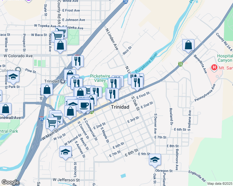 map of restaurants, bars, coffee shops, grocery stores, and more near 601-699 East Elm Street in Trinidad