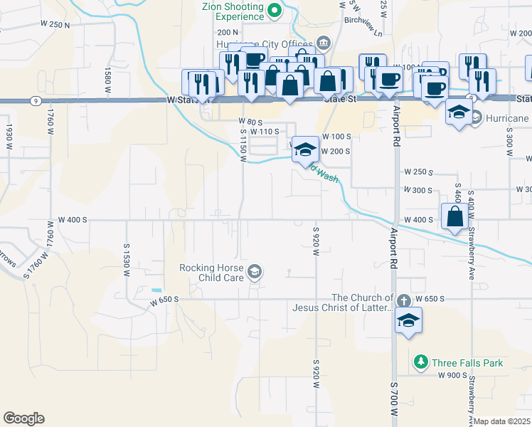 map of restaurants, bars, coffee shops, grocery stores, and more near 1042 West 400 South in Hurricane