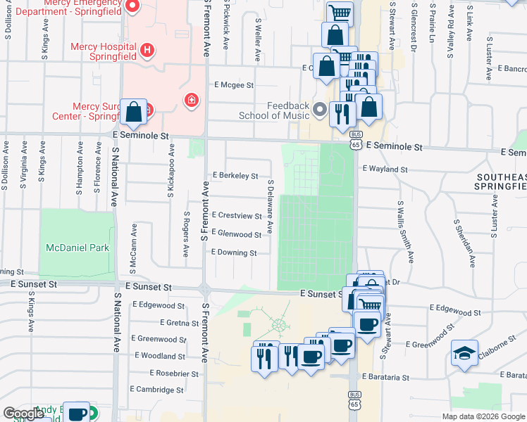 map of restaurants, bars, coffee shops, grocery stores, and more near 1520 East Broadmoor Street in Springfield