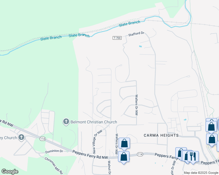 map of restaurants, bars, coffee shops, grocery stores, and more near 125 Sage Lane in Christiansburg