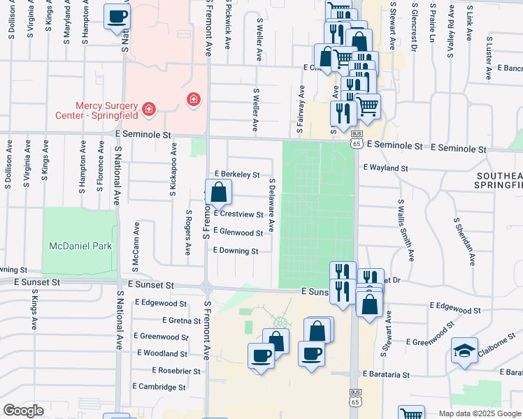 map of restaurants, bars, coffee shops, grocery stores, and more near 1520 East Broadmoor Street in Springfield