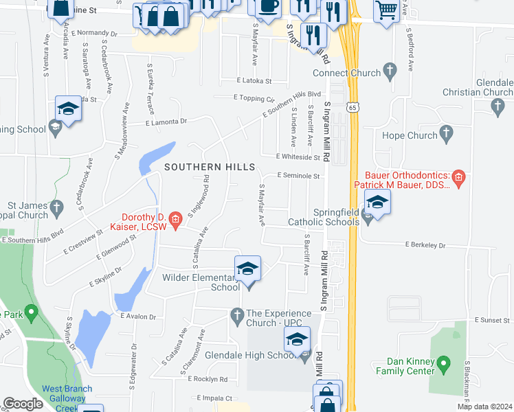 map of restaurants, bars, coffee shops, grocery stores, and more near 2315 South Mayfair Avenue in Springfield