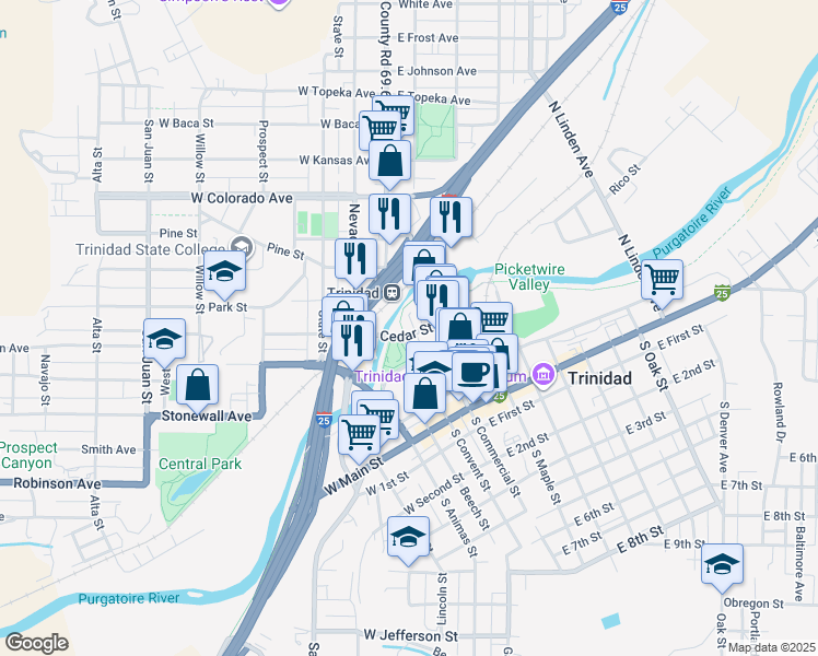 map of restaurants, bars, coffee shops, grocery stores, and more near 499 West Market Street in Trinidad