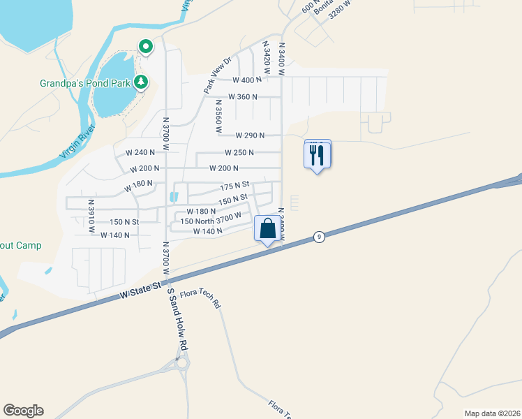 map of restaurants, bars, coffee shops, grocery stores, and more near 3445 West 120 North in Hurricane