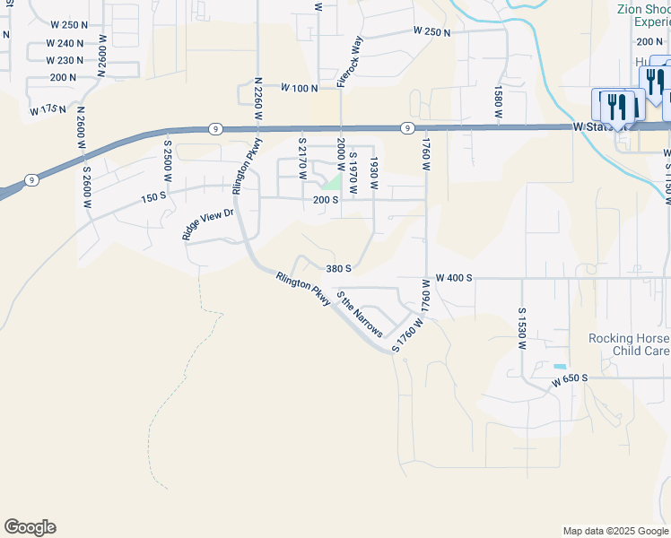 map of restaurants, bars, coffee shops, grocery stores, and more near 2188 380 South in Hurricane