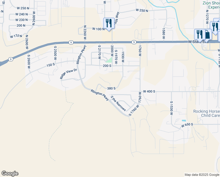 map of restaurants, bars, coffee shops, grocery stores, and more near 2188 380 South in Hurricane