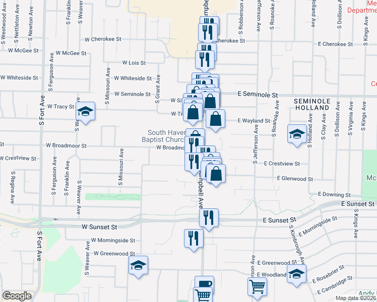 map of restaurants, bars, coffee shops, grocery stores, and more near 401-623 W Broadmoor St in Springfield
