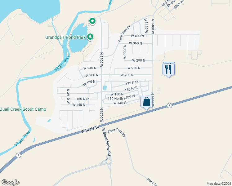 map of restaurants, bars, coffee shops, grocery stores, and more near 3595 150 North Street in Hurricane