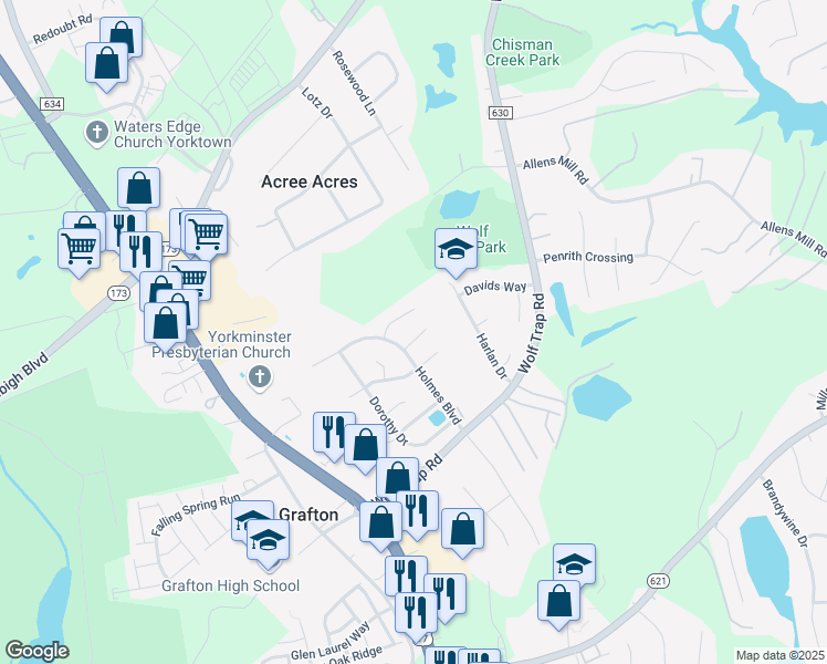map of restaurants, bars, coffee shops, grocery stores, and more near 107 Nathan Place in Yorktown