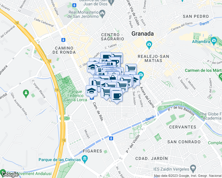 map of restaurants, bars, coffee shops, grocery stores, and more near 35 Calle Recogidas in Granada