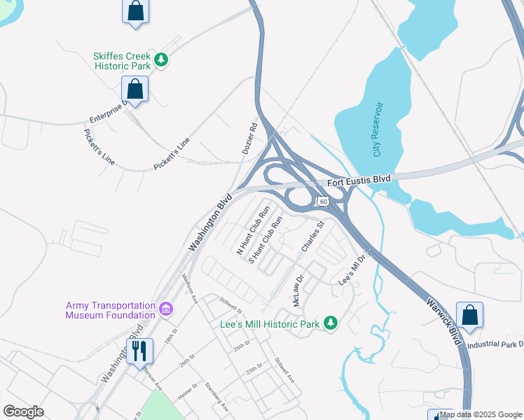 map of restaurants, bars, coffee shops, grocery stores, and more near 213 North Hunt Club Run in Newport News