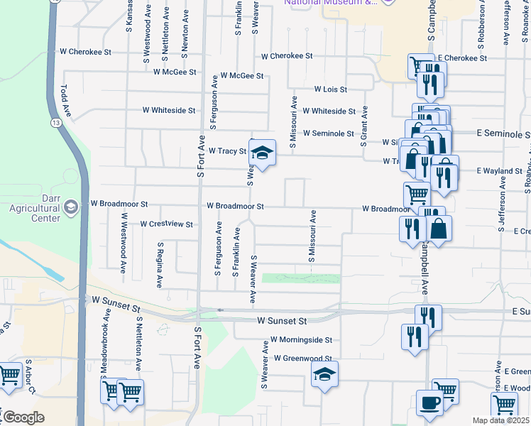 map of restaurants, bars, coffee shops, grocery stores, and more near 2365 South Thelma Avenue in Springfield